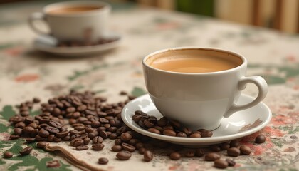 Obraz premium Coffee and Tea Cups on a Beautiful Tablecloth with Coffee Beans