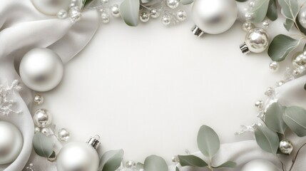 Obraz premium Elegant silver Christmas ornaments arranged with eucalyptus leaves and pearls. Festive holiday background.