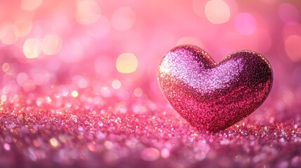Obraz premium Panoramic heart-shaped glitter with soft bokeh lights on a sweet pink background for romantic and festive themes 