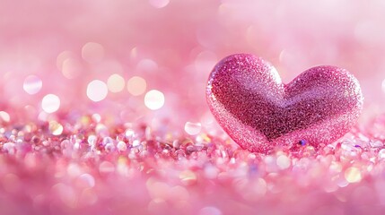 Fototapeta premium Panoramic heart-shaped glitter with soft bokeh lights on a sweet pink background for romantic and festive themes 