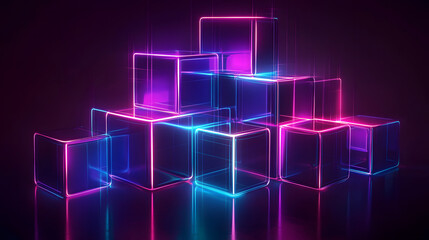 
Digital cyber cube. Neon glowing cubes in motion with. Musical, gaming, technology, background with glowing 3d objects.