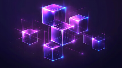 Fototapeta premium Digital cyber cube. Neon glowing cubes in motion with. Musical, gaming, technology, background with glowing 3d objects.