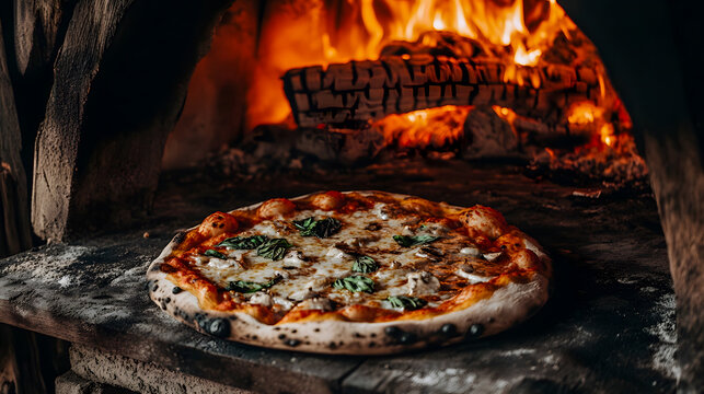 Italian pizza being cooked in a wood-fired oven.