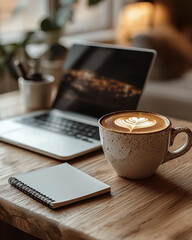 cozy workspace featuring laptop, coffee cup, and notepad