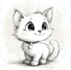 draw cute cat, white background,white and blacl