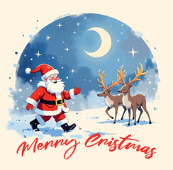 Fototapeta premium Watercolor illustration of a blue snowy scene with Santa Claus and his deers
