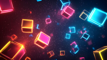 
Digital cyber cube. Neon glowing cubes in motion with. Musical, gaming, technology, background with glowing 3d objects.