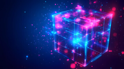 
Digital cyber cube. Neon glowing cubes in motion with. Musical, gaming, technology, background with glowing 3d objects.