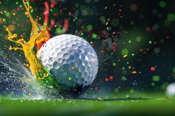 Flawless Image of Dynamic Impact of Golf Ball with Colorful Splash