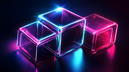 
Digital cyber cube. Neon glowing cubes in motion with. Musical, gaming, technology, background with glowing 3d objects.