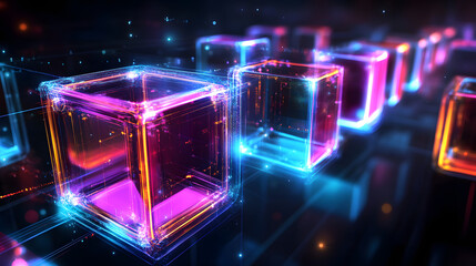 Obraz premium Digital cyber cube. Neon glowing cubes in motion with. Musical, gaming, technology, background with glowing 3d objects.