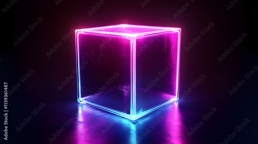 Poster digital cyber cube. neon glowing cubes in motion with. musical, gaming, technology, background with 