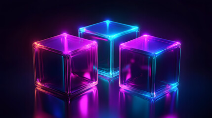
Digital cyber cube. Neon glowing cubes in motion with. Musical, gaming, technology, background with glowing 3d objects.