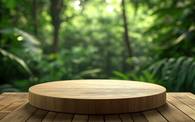 clean wooden podium for product showcase in lush green forest. natural setting enhances presentation appeal