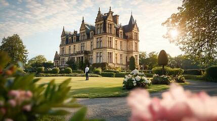 Fototapeta premium Majestic French Chateau with Symmetrical Architecture Tall Windows and Beautifully Manicured Gardens Offering Ample Copy Space