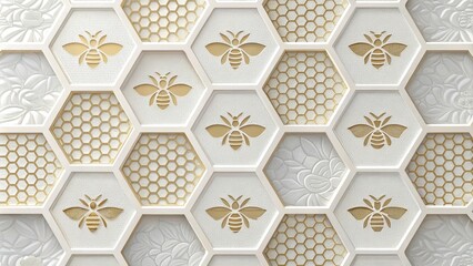 Elegant Honeycomb Pattern with Golden Bees and Floral Accents