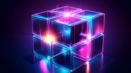 
Digital cyber cube. Neon glowing cubes in motion with. Musical, gaming, technology, background with glowing 3d objects.