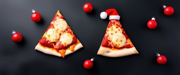 Obraz premium Photo of a pizza slice with a red and white Santa hat on top, with a snowflake design on the pizza, on a black surface, with a red and white striped background, jpeg artifacts