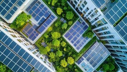 Fototapeta premium Green City Living Sustainable Urban Rooftop Solar Panels and Green Spaces