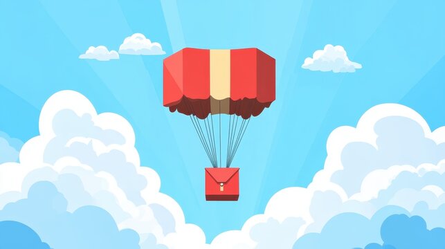 A Box flying on a parachute with pink cloud,vector illustration of package flying down from sky and cloud with parachute, concept for delivery service,shopping online,air delivery service.