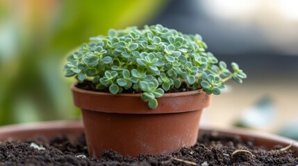 small green plant is growing in the dirt. The plant is small and has a lot of leaves