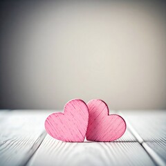 Two pink wooden hearts on a white wooden table, with a gray gradient background, ideal for themes of love and romance.
