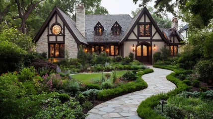 Obraz premium Charming Tudor Style Residence with Timber Framed Walls Steep Gable Roofs and a Stone Pathway Leading to a Lush Garden under an Open Sky
