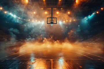 Dynamic View of a Basketball Court in a Stadium with Bright Lights and Theatrical Smoke Effects