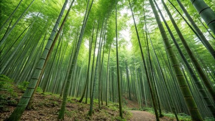 Obraz premium A Serene Path Through a Lush Bamboo Forest, Tall Green Stalks Reaching for the Sky