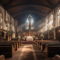 Fototapeta premium 教会 木造 アンティーク ビンテージ ステンドグラス 古い 十字架 窓 光 花束 祭壇