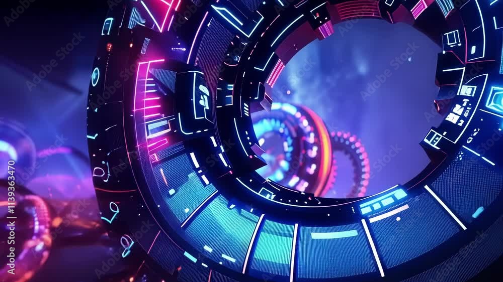 Poster complex circular structures with glowing neon lights rotate in an abstract digital environment, show