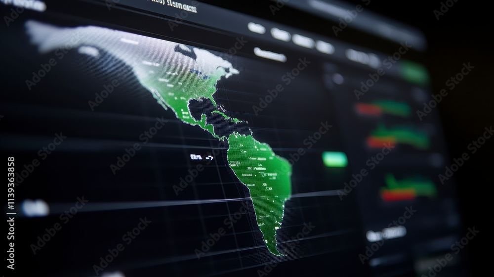 Poster digital map of the americas on monitor with data analysis