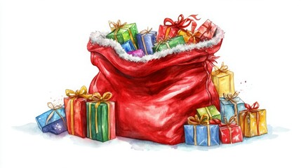 Santa's watercolor sack overflows with colorful gifts, a festive Christmas scene.