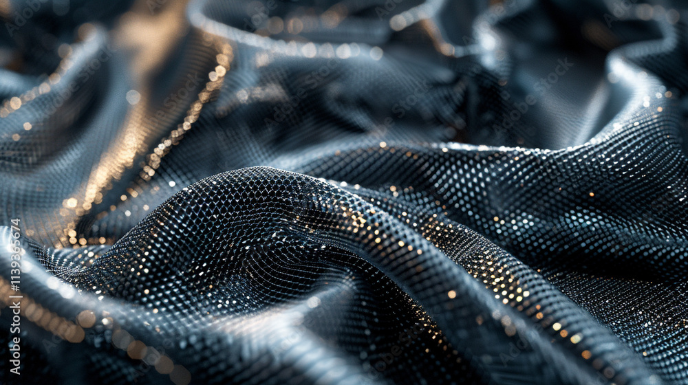 Poster a close-up view of metallic mesh fabric in silver, capturing its interlocking threads, reflective su