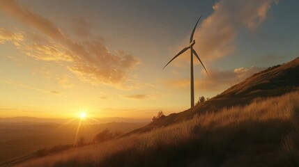 Obraz premium concept idea eco power energy. wind turbine on hill with sunset