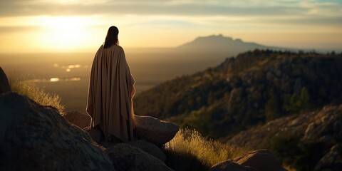 Person in robe watching sunset from mountain peak. Spiritual meditation