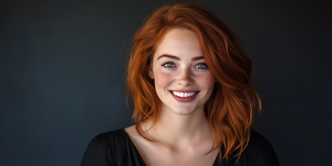Fototapeta premium Woman with ginger hair and freckles in black outfit. Beauty expression concept