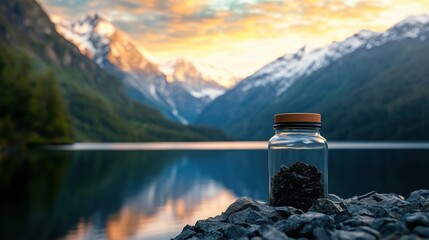 Glass jar with black rocks against mountain lake at sunset. Nature preservation concept