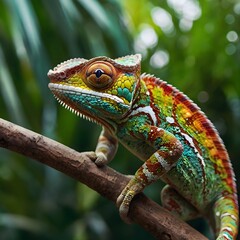 A close-up of a colorful chameleon clinging to a branch, with its textured skin and rotating eyes, against a blurred tropical jungle background,Generative Ai
