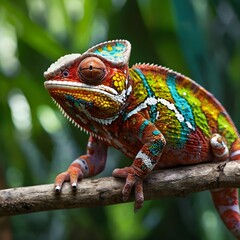 Fototapeta premium A close-up of a colorful chameleon clinging to a branch, with its textured skin and rotating eyes, against a blurred tropical jungle background,Generative Ai 