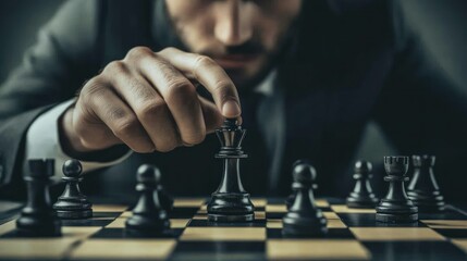 A Man's Hand Moving a Black Queen Chess Piece on a Chessboard