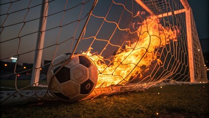 Fiery Goal A burning soccer ball explodes from the net in a dramatic display of passion and athletic intensity.