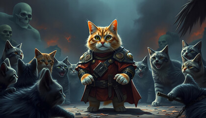 There is a cat wearing a battle dress and he is standing on the battlefield and there are many cats around him ready to attack him.