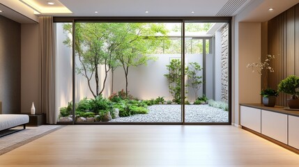 Obraz premium Serene Modern Interior with Indoor Zen Garden View