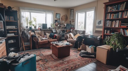 Messy Living Room Interior, Cluttered Apartment