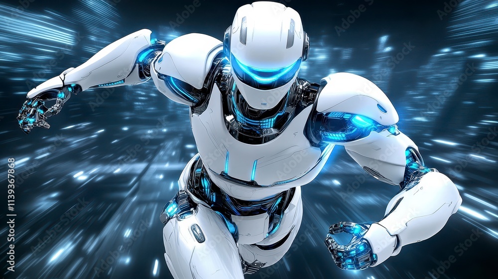 Poster futuristic robot running in cyberspace ai technology