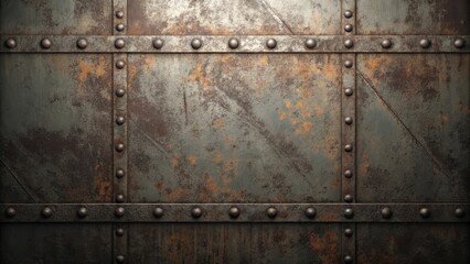 Fototapeta premium Rustic Metal Panel with Aged Texture and Rivets A Weathered Industrial Background