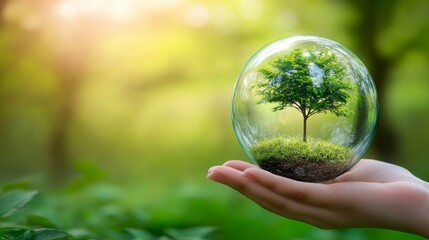 hand holding glass globe ball with tree growing and green nature blur background. eco concept