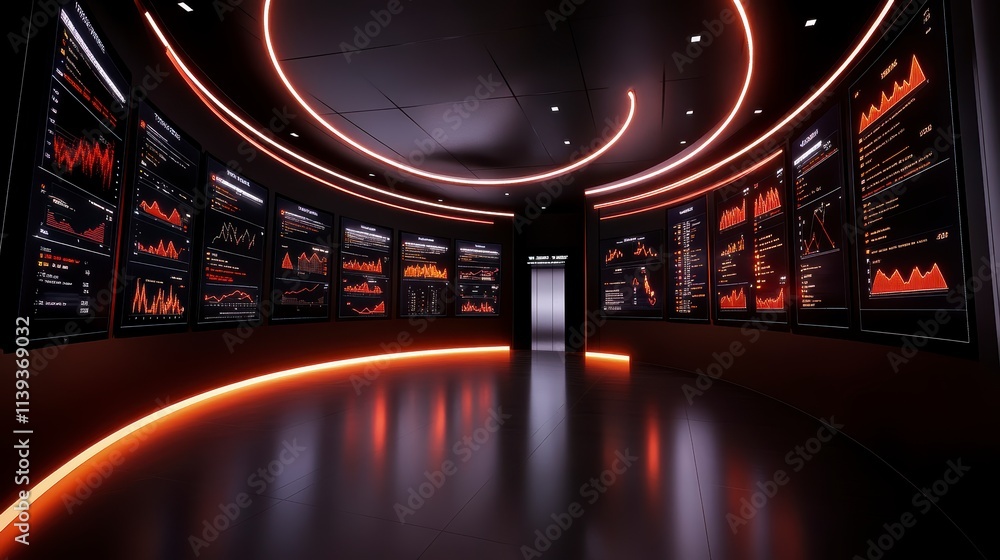 Poster futuristic data center with analytics dashboards