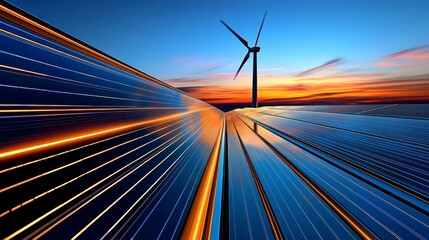 Obraz premium Solar Panels Wind Turbine at Sunset Renewable Energy